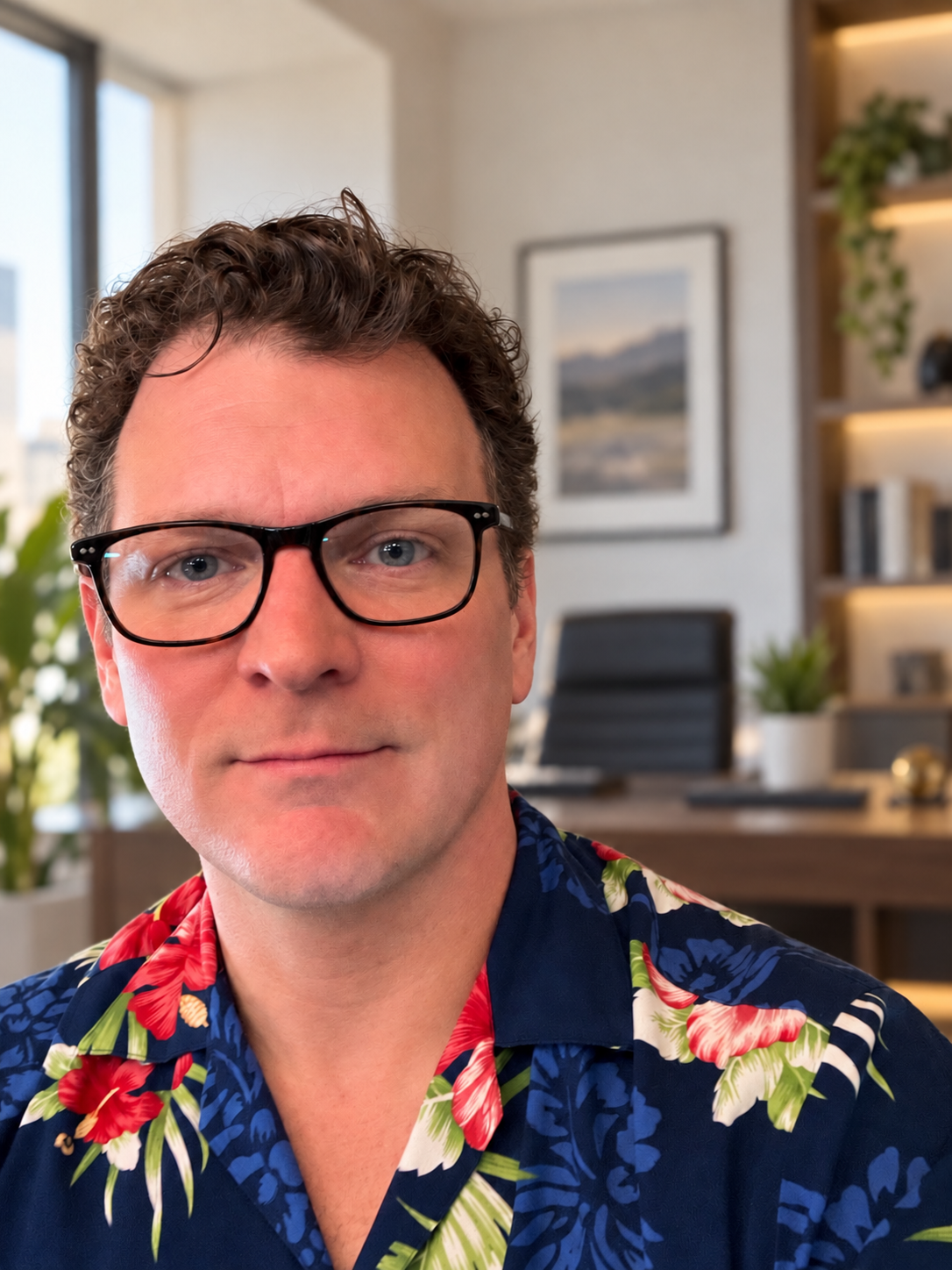 Joe Leary wearing a navy Hawaiian shirt with colorful flowers